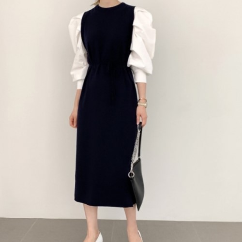 2019年秋　冬　2color ボリューム袖 シャツ ドッキング ワンピース ウエストマーク ミモレ丈 ロング丈　シャツ素材のボリューム袖が特徴の異素材ドッキングワンピース　トレンド感のでるミモレ丈ワ