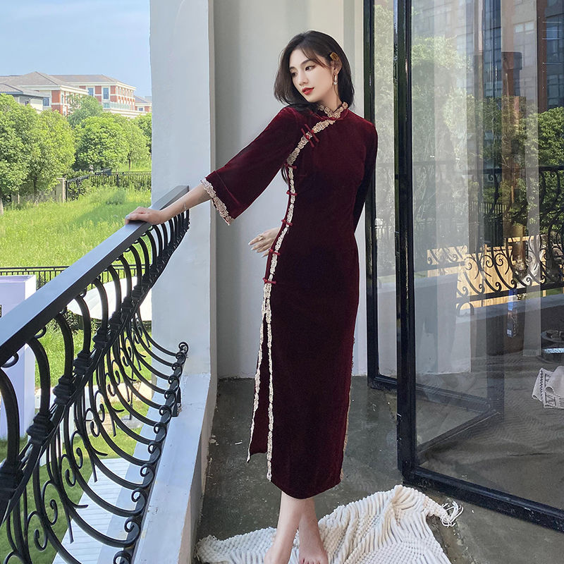 細部にまでこだわった美しく精巧なチャイナドレス! 長いチャイナドレス秋レトロ修正ベルベット 母の日 母の日-0008798 細部にまでこだわった美しく精巧なチャイナドレス! 長いチャイナドレス秋レトロ修正ベルベット 母の日 母の日-0008798