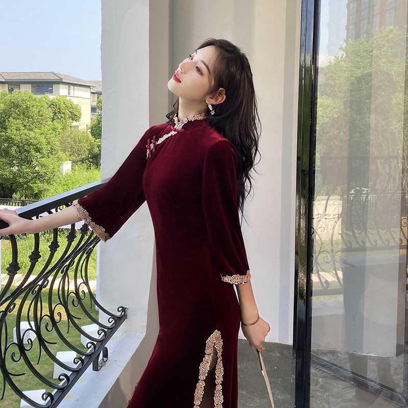 細部にまでこだわった美しく精巧なチャイナドレス! 長いチャイナドレス秋レトロ修正ベルベット 母の日 母の日-0008798 細部にまでこだわった美しく精巧なチャイナドレス! 長いチャイナドレス秋レトロ修正ベルベット 母の日 母の日-0008798