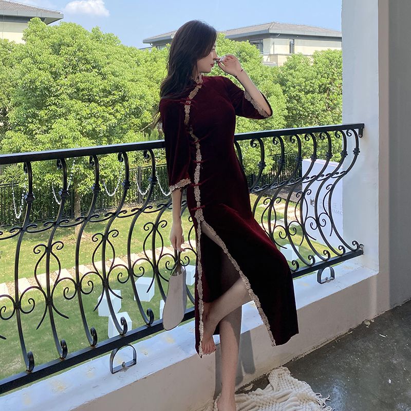 細部にまでこだわった美しく精巧なチャイナドレス! 長いチャイナドレス秋レトロ修正ベルベット 母の日 母の日-0008798 細部にまでこだわった美しく精巧なチャイナドレス! 長いチャイナドレス秋レトロ修正ベルベット 母の日 母の日-0008798