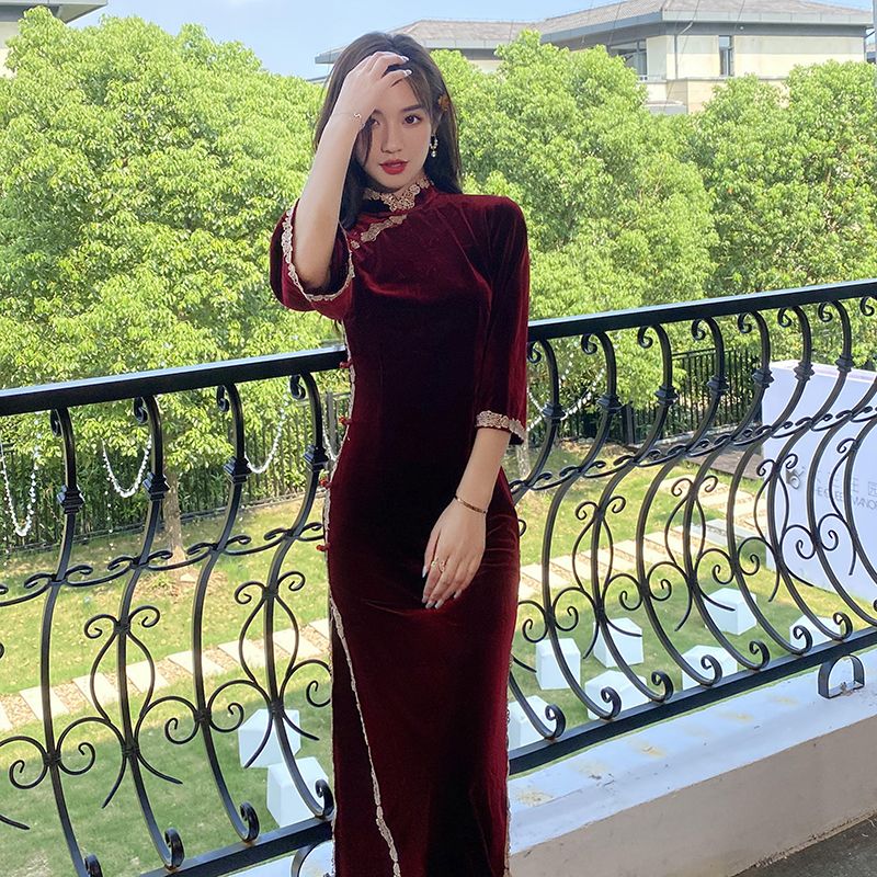 細部にまでこだわった美しく精巧なチャイナドレス! 長いチャイナドレス秋レトロ修正ベルベット 母の日 母の日-0008798 細部にまでこだわった美しく精巧なチャイナドレス! 長いチャイナドレス秋レトロ修正ベルベット 母の日 母の日-0008798