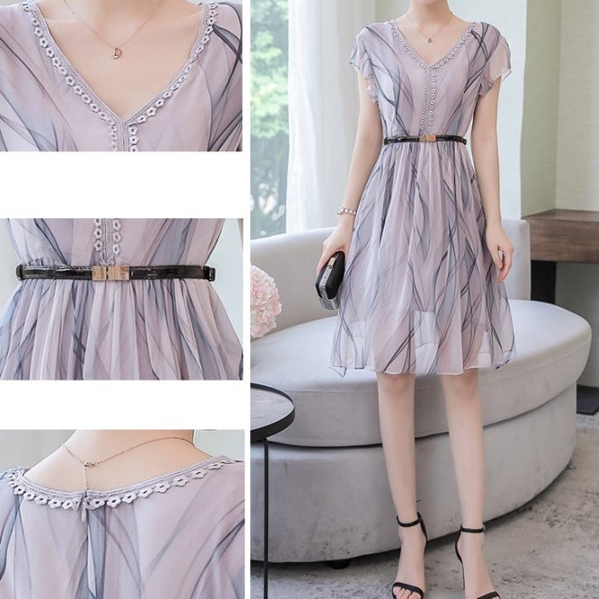 新作 エレガントワンピース 夏 軽い 半袖 プリント柄 Vネック ハイウェスト Aラインスカート 新作 エレガントワンピース 夏 軽い 半袖 プリント柄 Vネック ハイウェスト Aラインスカート