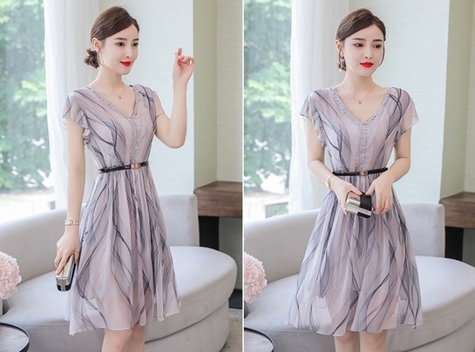 新作 エレガントワンピース 夏 軽い 半袖 プリント柄 Vネック ハイウェスト Aラインスカート 新作 エレガントワンピース 夏 軽い 半袖 プリント柄 Vネック ハイウェスト Aラインスカート