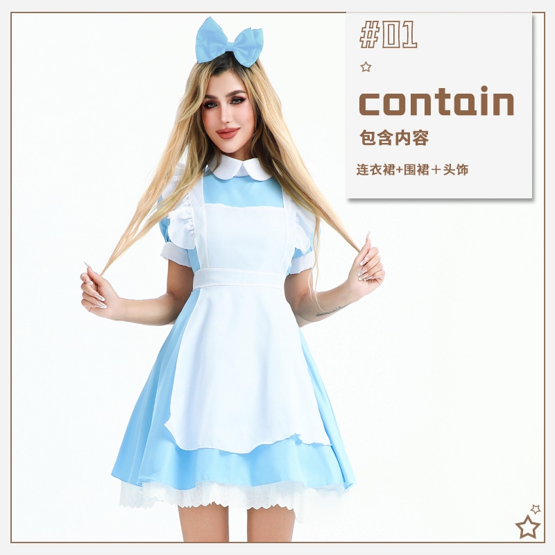 アリスプリンセスドレスブルードレスメイドコスチュームメイドコスチュームハロウィンコスチュームカーニバルステージパフォーマンスコスチューム