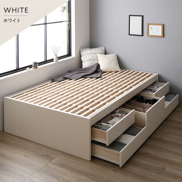 [組立設置付]収納ベッド 通常丈 セミシングル 国産ポケットコイルマットレス付 ナチュラル 収納付