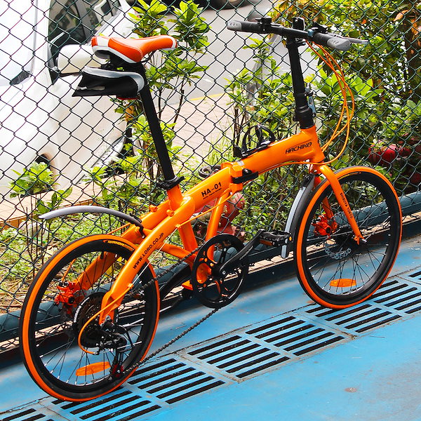 ブランドハチコ HACHIKO 20インチ折りたたみ自転車 アルミ SHIMANO シマノ7段 変速 前後Dブレーキ folding bike フェンダー付き オレンジ おしゃれ 20インチ～