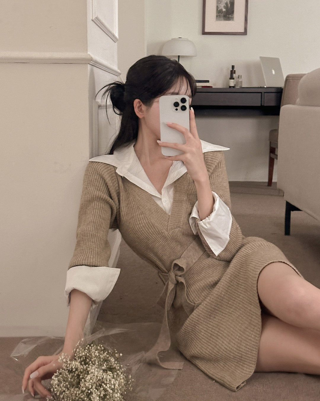 シャツレイヤードニットミニワンピース(ストラップ付き)韓国ファッション レディース シャツレイヤードニットミニワンピース(ストラップ付き)韓国ファッション レディース