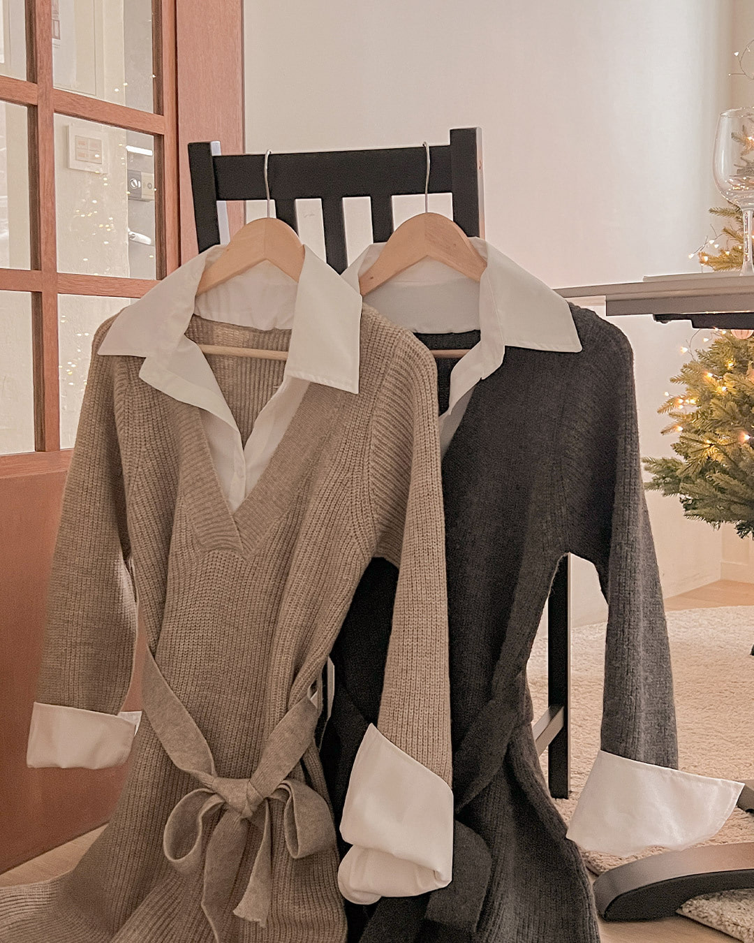 シャツレイヤードニットミニワンピース(ストラップ付き)韓国ファッション レディース シャツレイヤードニットミニワンピース(ストラップ付き)韓国ファッション レディース