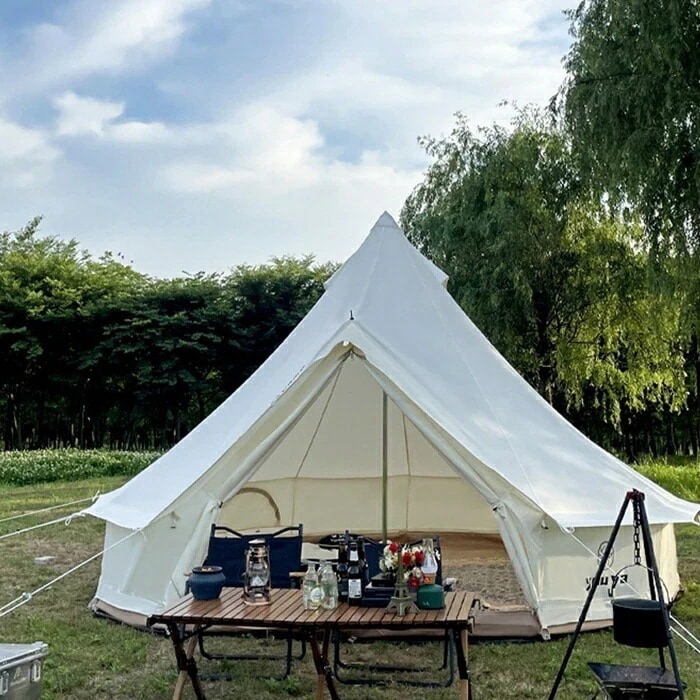 ワンポールテント 34人用テント ベル型テント テント ティピーテント ファミリー 大型テント 日除け 快適 防風 防雨 防水 耐火性 UVカット 通気 ポール ペグ ロープ付き スーム