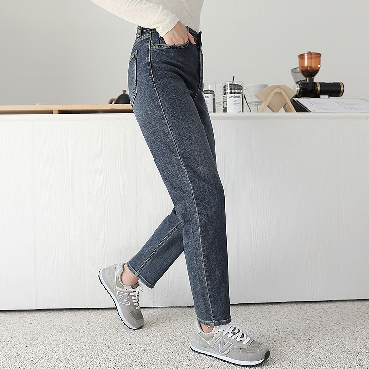 [韓国ファッション] ハイウエスト 隠しウエストゴム ボーイフレンドフィット ストレッチデニムパンツ
