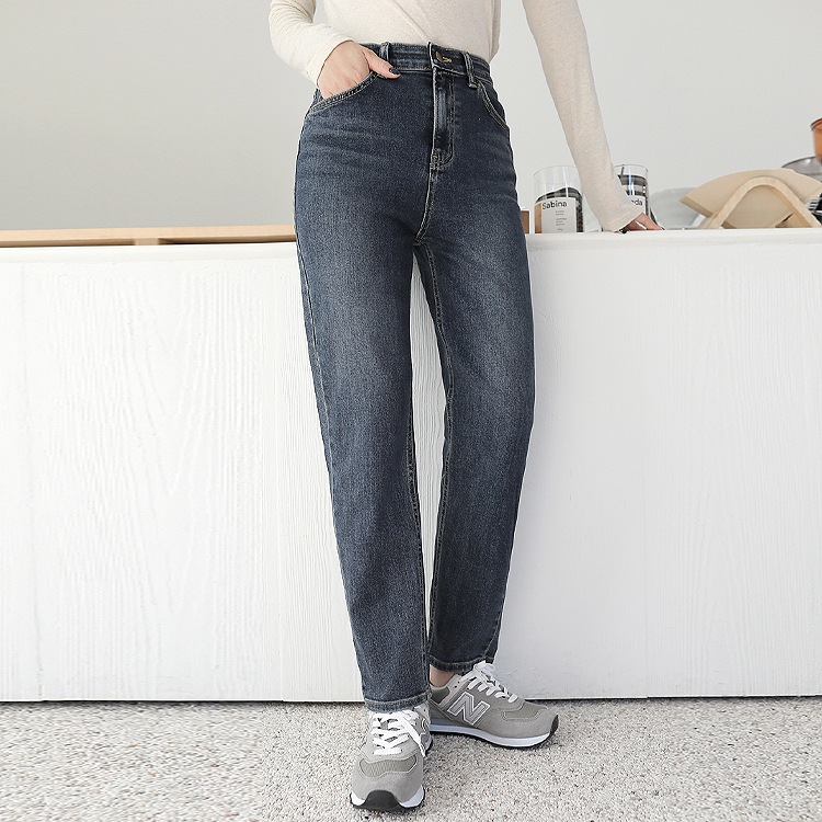 [韓国ファッション] ハイウエスト 隠しウエストゴム ボーイフレンドフィット ストレッチデニムパンツ
