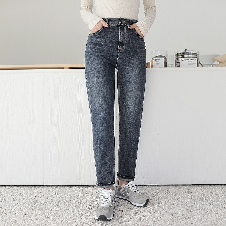 [韓国ファッション] ハイウエスト 隠しウエストゴム ボーイフレンドフィット ストレッチデニムパンツ