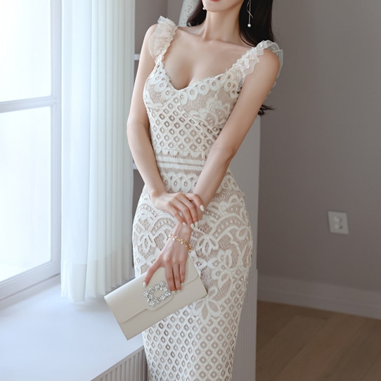 レース パーティドレス セクシー Vネック タイトフィット ワンピース 透け感 フリルショルダー ワンピ 膝丈 袖なし 襟なし エレガント 上品 シアー レトロ かわいい 大人可愛い おしゃれ フェミ