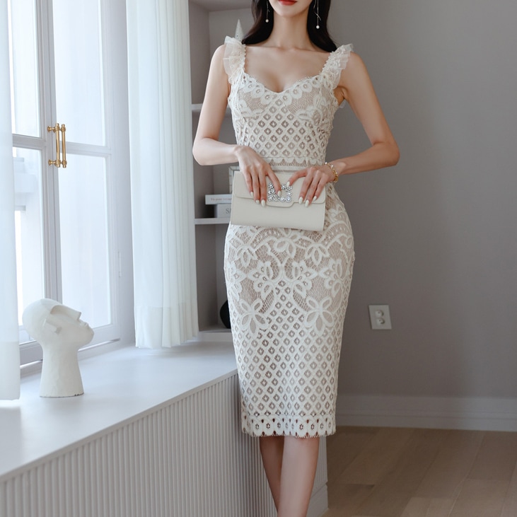 レース パーティドレス セクシー Vネック タイトフィット ワンピース 透け感 フリルショルダー ワンピ 膝丈 袖なし 襟なし エレガント 上品 シアー レトロ かわいい 大人可愛い おしゃれ フェミ