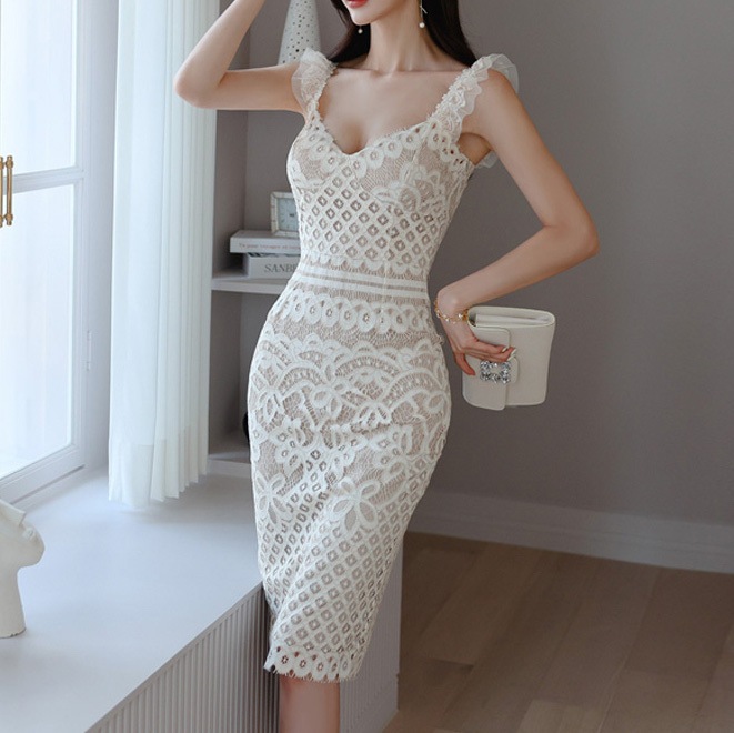 レース パーティドレス セクシー Vネック タイトフィット ワンピース 透け感 フリルショルダー ワンピ 膝丈 袖なし 襟なし エレガント 上品 シアー レトロ かわいい 大人可愛い おしゃれ フェミ