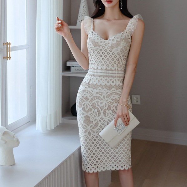レース パーティドレス セクシー Vネック タイトフィット ワンピース 透け感 フリルショルダー ワンピ 膝丈 袖なし 襟なし エレガント 上品 シアー レトロ かわいい 大人可愛い おしゃれ フェミ