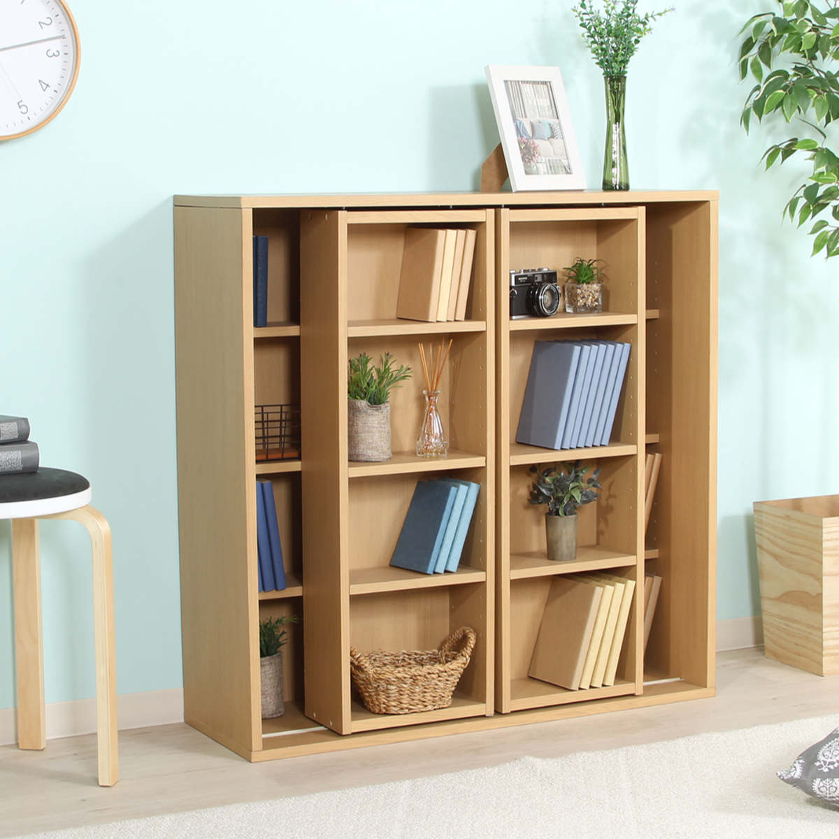 スライド本棚 幅89cm 4段 ダブルスライド 大容量収納 本棚 コミックラック シェルフ ブックシェルフ ラック スリム 収納 省スペース ブックラック スリムラック スライド 壁面収納