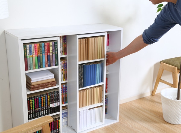 スライド本棚 幅89cm 4段 ダブルスライド 大容量収納 本棚 コミックラック シェルフ ブックシェルフ ラック スリム 収納 省スペース ブックラック スリムラック スライド 壁面収納