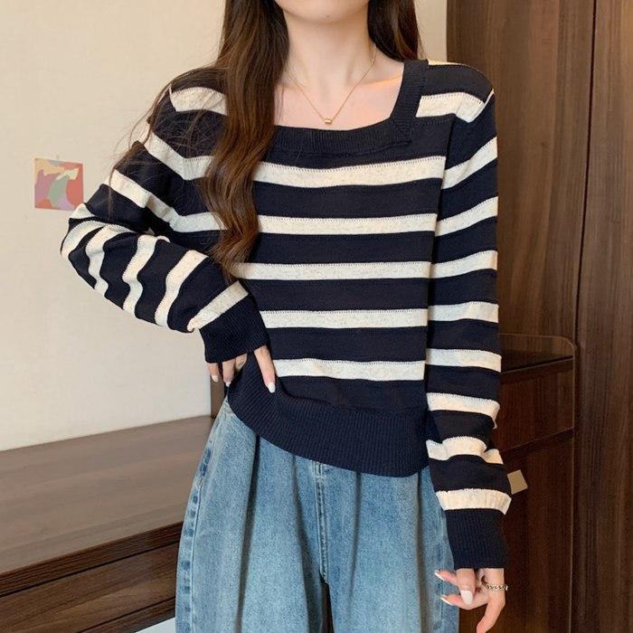 長袖ニット ボーダー レディース スクエアネック 配色 トップス ニット セーター 長袖 プルオーバー ストライプ 薄手 体型カバー 長袖ニット ボーダー レディース スクエアネック 配色 トップス ニット セーター 長袖 プルオーバー ストライプ 薄手 体型カバー