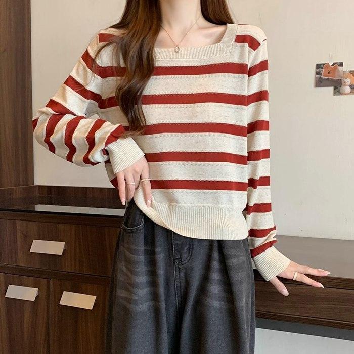 長袖ニット ボーダー レディース スクエアネック 配色 トップス ニット セーター 長袖 プルオーバー ストライプ 薄手 体型カバー 長袖ニット ボーダー レディース スクエアネック 配色 トップス ニット セーター 長袖 プルオーバー ストライプ 薄手 体型カバー