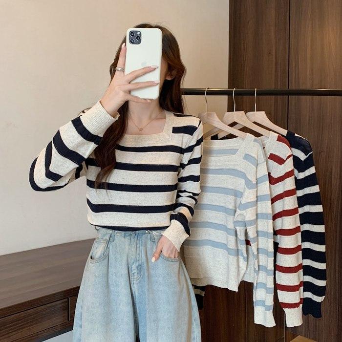 長袖ニット ボーダー レディース スクエアネック 配色 トップス ニット セーター 長袖 プルオーバー ストライプ 薄手 体型カバー 長袖ニット ボーダー レディース スクエアネック 配色 トップス ニット セーター 長袖 プルオーバー ストライプ 薄手 体型カバー
