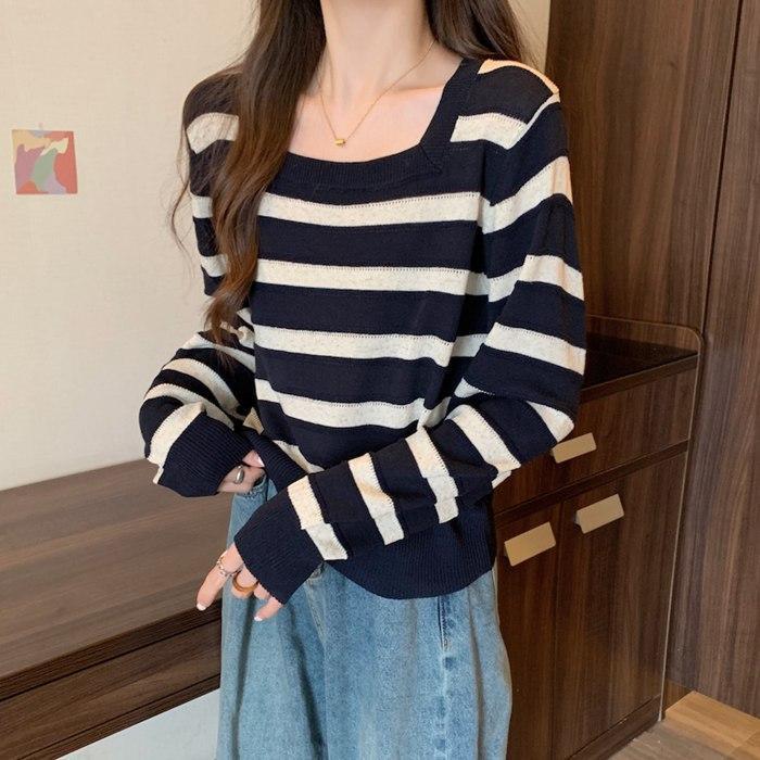 長袖ニット ボーダー レディース スクエアネック 配色 トップス ニット セーター 長袖 プルオーバー ストライプ 薄手 体型カバー 長袖ニット ボーダー レディース スクエアネック 配色 トップス ニット セーター 長袖 プルオーバー ストライプ 薄手 体型カバー
