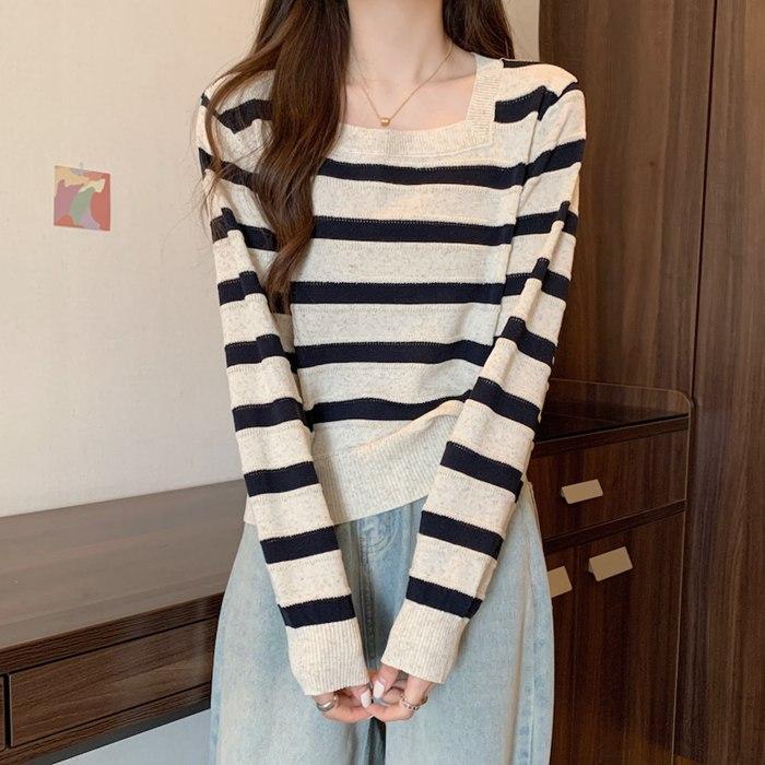 長袖ニット ボーダー レディース スクエアネック 配色 トップス ニット セーター 長袖 プルオーバー ストライプ 薄手 体型カバー 長袖ニット ボーダー レディース スクエアネック 配色 トップス ニット セーター 長袖 プルオーバー ストライプ 薄手 体型カバー
