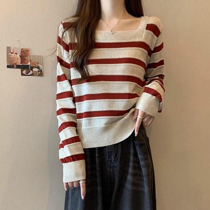 長袖ニット ボーダー レディース スクエアネック 配色 トップス ニット セーター 長袖 プルオーバー ストライプ 薄手 体型カバー 長袖ニット ボーダー レディース スクエアネック 配色 トップス ニット セーター 長袖 プルオーバー ストライプ 薄手 体型カバー