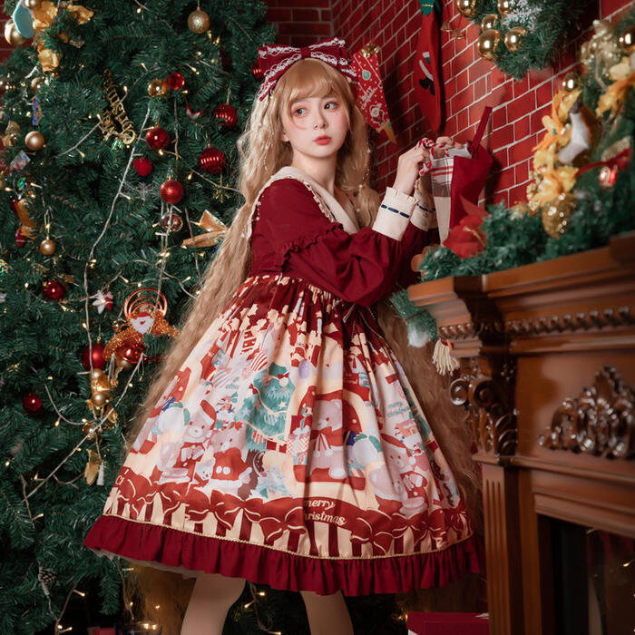 2025新入荷！【早割り】【急速出荷】ロリータ ロリィタ ワンピース クリスマス 秋冬 甘ロリ スイート ゴスロリ かわいい ハイウエスト 長袖 OP 小熊 プリント レディース ふんわり ドレス ス
