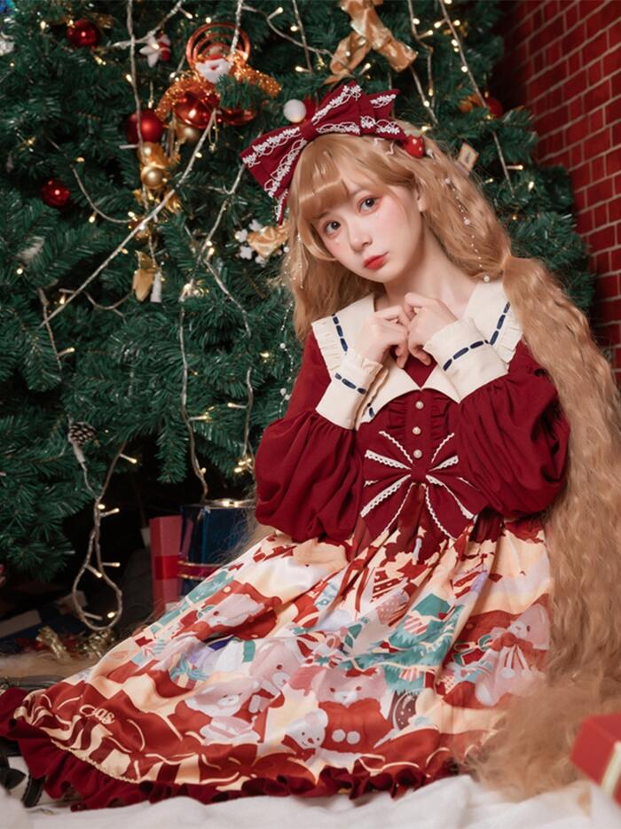 2025新入荷！【早割り】【急速出荷】ロリータ ロリィタ ワンピース クリスマス 秋冬 甘ロリ スイート ゴスロリ かわいい ハイウエスト 長袖 OP 小熊 プリント レディース ふんわり ドレス ス