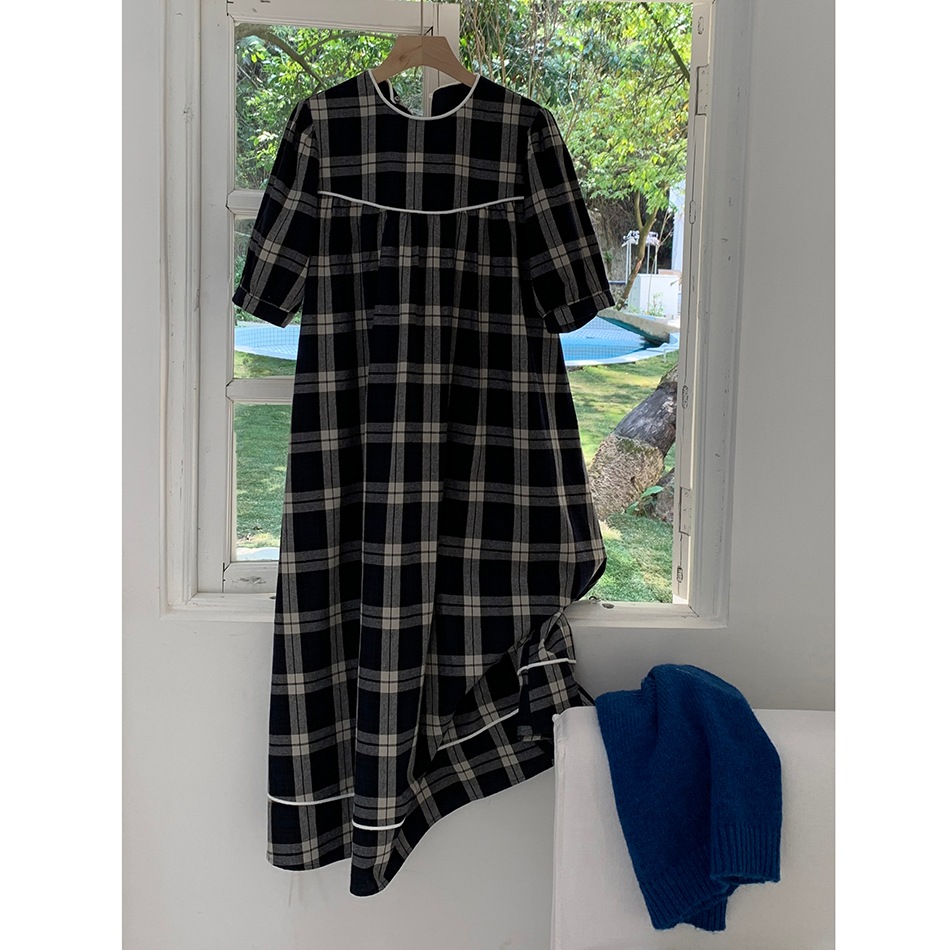 ワンピース ドールドレス プルオーバー ロングスカート シャツワンピース ロング ロング丈 袖あり 五分袖 ラウンドネック 襟なし ストレート ワイド ボタンあり かわいい 大人可愛い おしゃれ