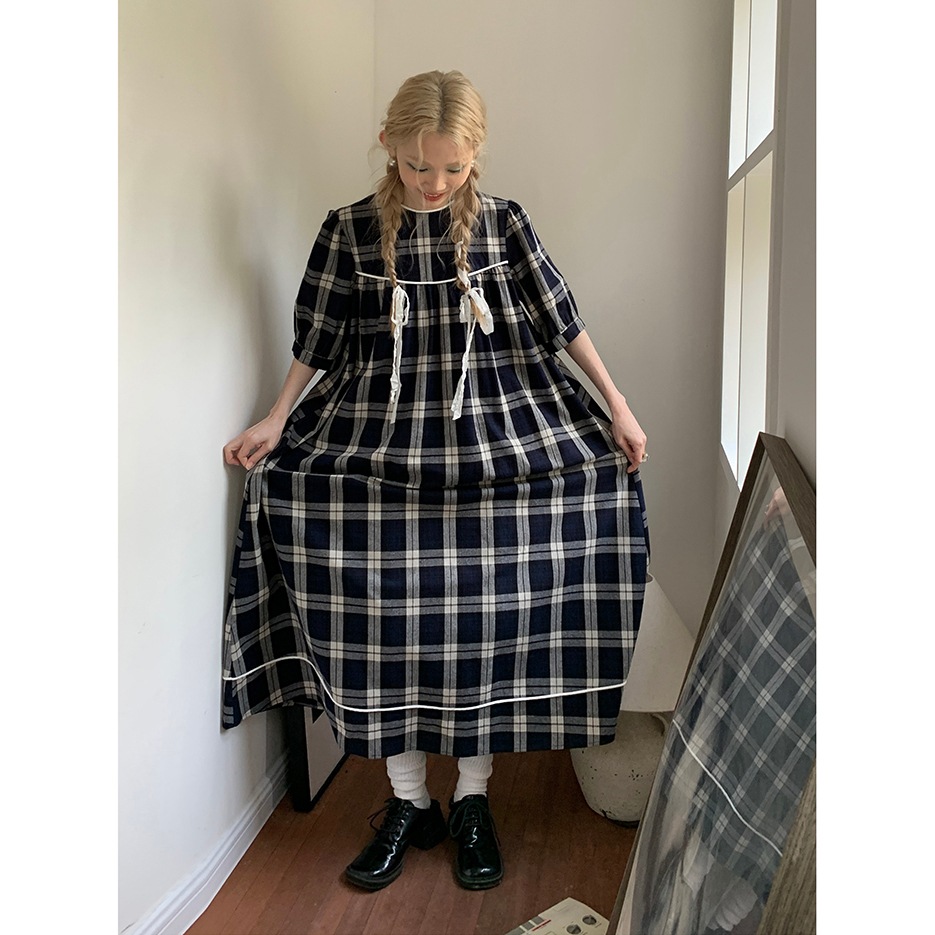 ワンピース ドールドレス プルオーバー ロングスカート シャツワンピース ロング ロング丈 袖あり 五分袖 ラウンドネック 襟なし ストレート ワイド ボタンあり かわいい 大人可愛い おしゃれ