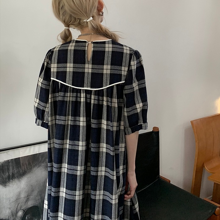 ワンピース ドールドレス プルオーバー ロングスカート シャツワンピース ロング ロング丈 袖あり 五分袖 ラウンドネック 襟なし ストレート ワイド ボタンあり かわいい 大人可愛い おしゃれ