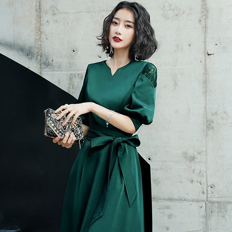 【急速出荷!】パーティードレス 結婚式 ワンピース 袖あり 大きいサイズ 夏 レース 刺繍 ドレス フォーマルドレス ミモレ丈 五分袖 オシャレ ワンピースドレス 二次会 披露宴 お呼ばれ 体型カバー