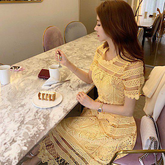 ロングワンピース レディース 大きいサイズ XL パーティードレス 黄色 イエロー 春夏 半袖 レース おしゃれ 体型カバー かわいい 大人可愛い 透け感 刺繍 結婚式 お呼ばれ 同窓 二次会