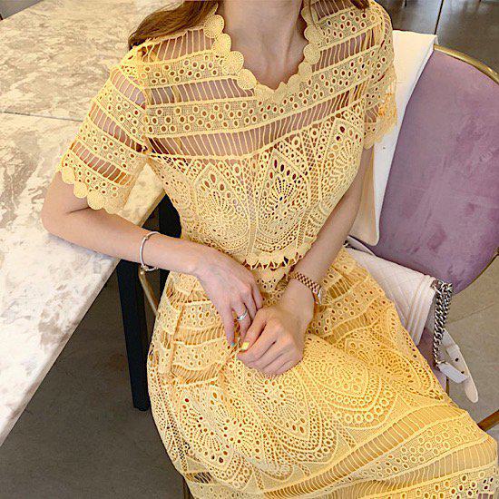 ロングワンピース レディース 大きいサイズ XL パーティードレス 黄色 イエロー 春夏 半袖 レース おしゃれ 体型カバー かわいい 大人可愛い 透け感 刺繍 結婚式 お呼ばれ 同窓 二次会