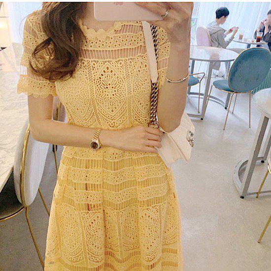 ロングワンピース レディース 大きいサイズ XL パーティードレス 黄色 イエロー 春夏 半袖 レース おしゃれ 体型カバー かわいい 大人可愛い 透け感 刺繍 結婚式 お呼ばれ 同窓 二次会