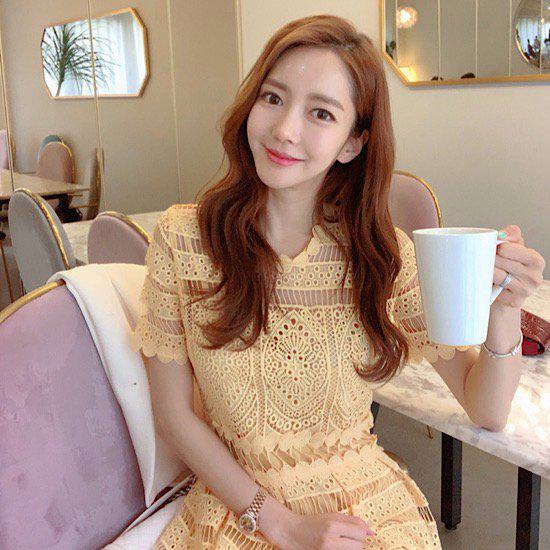 ロングワンピース レディース 大きいサイズ XL パーティードレス 黄色 イエロー 春夏 半袖 レース おしゃれ 体型カバー かわいい 大人可愛い 透け感 刺繍 結婚式 お呼ばれ 同窓 二次会