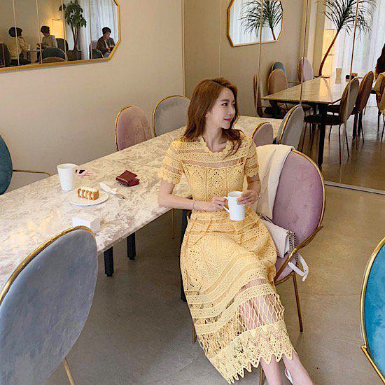 ロングワンピース レディース 大きいサイズ XL パーティードレス 黄色 イエロー 春夏 半袖 レース おしゃれ 体型カバー かわいい 大人可愛い 透け感 刺繍 結婚式 お呼ばれ 同窓 二次会