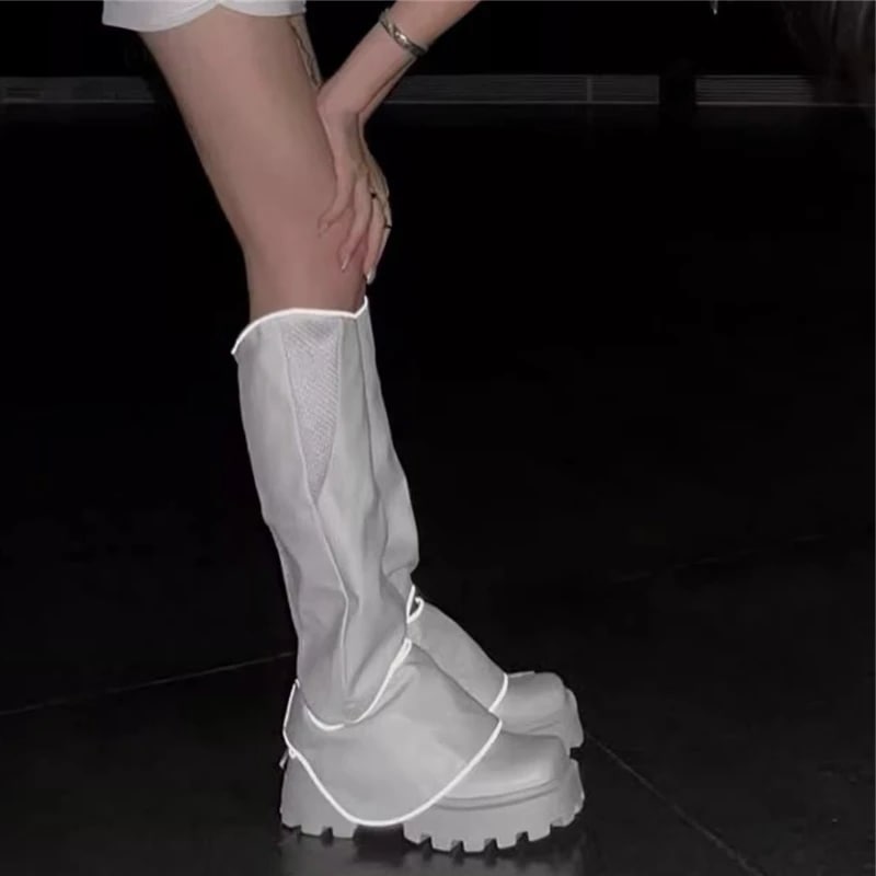 女性用スクエアトゥブーツ 厚手のボトム プラットフォーム chunkyヒール ジッパー 人気 ウエスタンパンク レディースシューズ トレンド2022