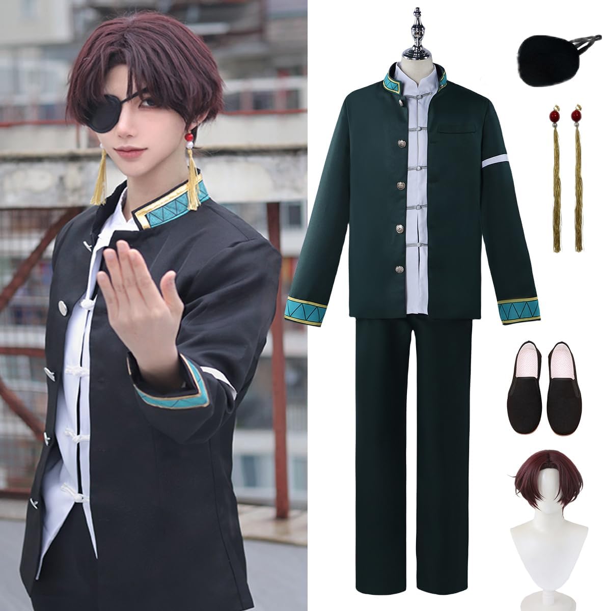 蘇枋隼飛コスプレ衣装 風鈴高校 制服スーツ 制服ウイッグ付き 靴付き アイマスク付き 耳飾り付き 同人服 コスチューム 仮装 変装 クリスマス ハロウィン イベント日常服