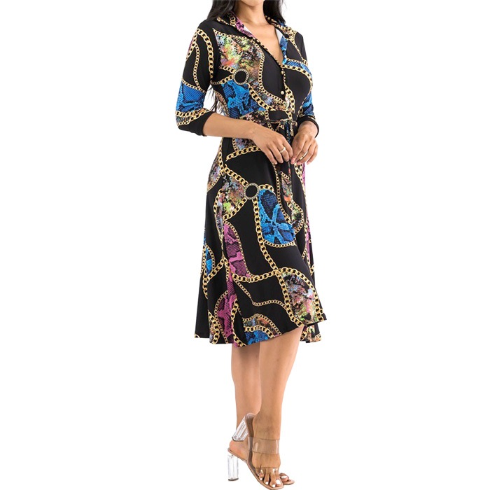 ワンピース 膝下丈 7分袖 フレアスカート チェーンアニマル レトロ クラブ パーティー お出かけ 40代 50代 60代 S.M.L.XL ブラック FROM USA HF230517LA027