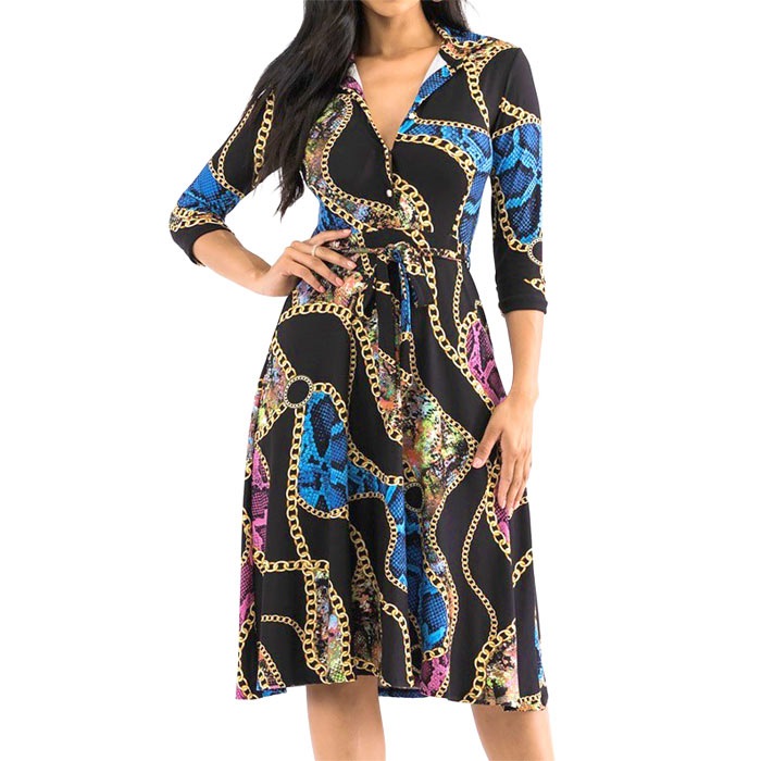 ワンピース 膝下丈 7分袖 フレアスカート チェーンアニマル レトロ クラブ パーティー お出かけ 40代 50代 60代 S.M.L.XL ブラック FROM USA HF230517LA027