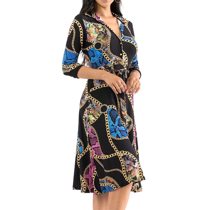 ワンピース 膝下丈 7分袖 フレアスカート チェーンアニマル レトロ クラブ パーティー お出かけ 40代 50代 60代 S.M.L.XL ブラック FROM USA HF230517LA027
