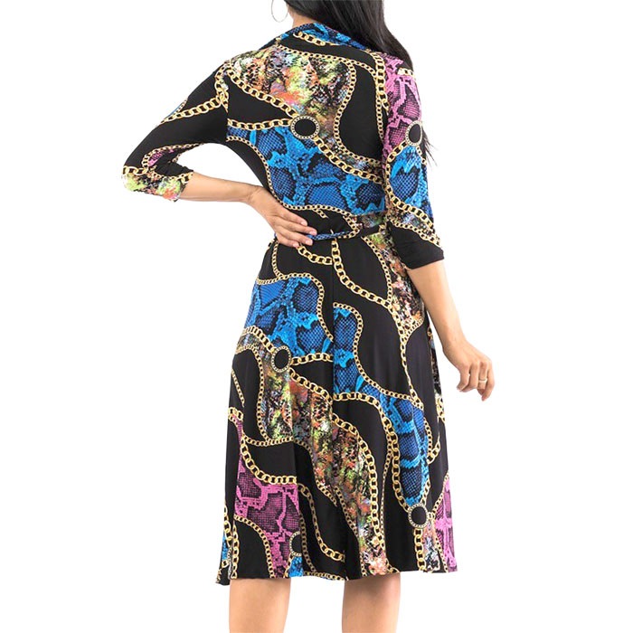 ワンピース 膝下丈 7分袖 フレアスカート チェーンアニマル レトロ クラブ パーティー お出かけ 40代 50代 60代 S.M.L.XL ブラック FROM USA HF230517LA027