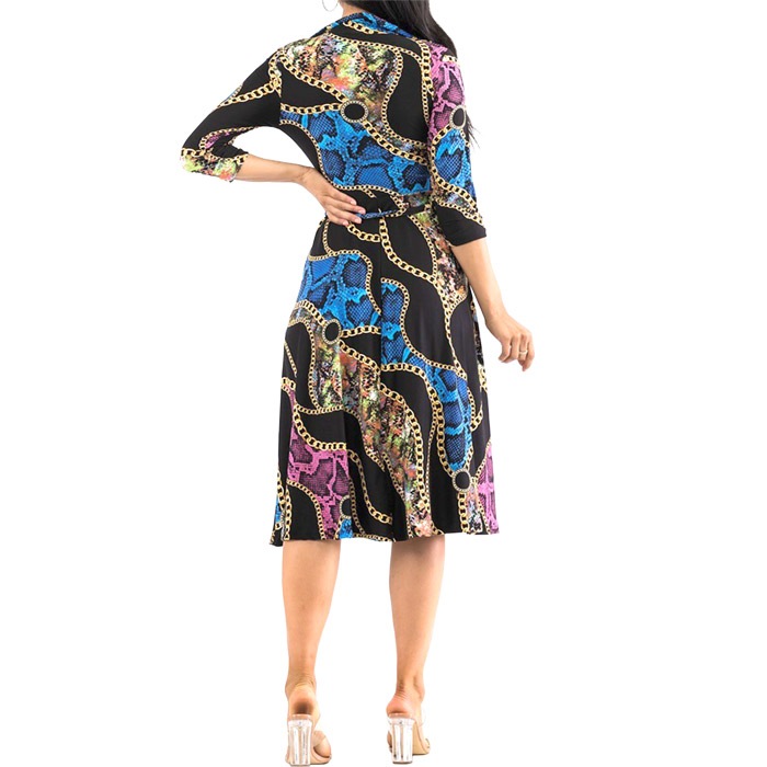 ワンピース 膝下丈 7分袖 フレアスカート チェーンアニマル レトロ クラブ パーティー お出かけ 40代 50代 60代 S.M.L.XL ブラック FROM USA HF230517LA027