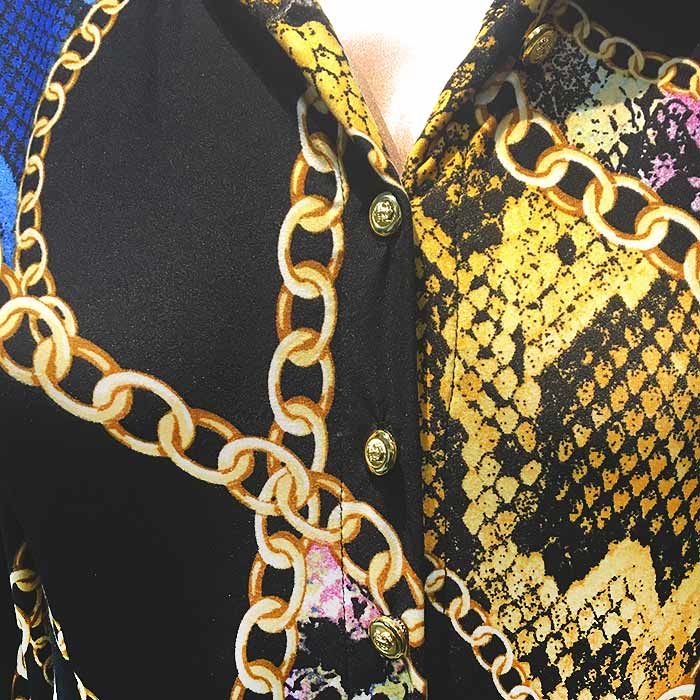 ワンピース 膝下丈 7分袖 フレアスカート チェーンアニマル レトロ クラブ パーティー お出かけ 40代 50代 60代 S.M.L.XL ブラック FROM USA HF230517LA027