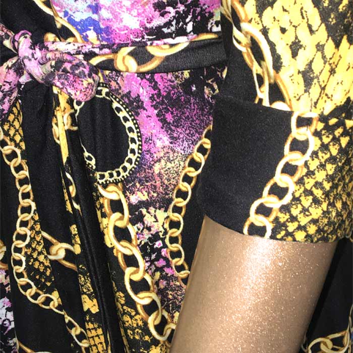 ワンピース 膝下丈 7分袖 フレアスカート チェーンアニマル レトロ クラブ パーティー お出かけ 40代 50代 60代 S.M.L.XL ブラック FROM USA HF230517LA027