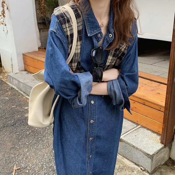 Qoo10] 長袖デニムシャツワンピース デニムワンピ
