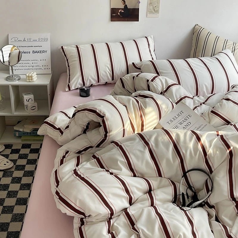 ストライプ 布団カバーシーツ敷パッドシーツ寝具ベッドマットレス柔軟性垂れ感布団カバー春夏シンプルウォッシュドコットン4点セット